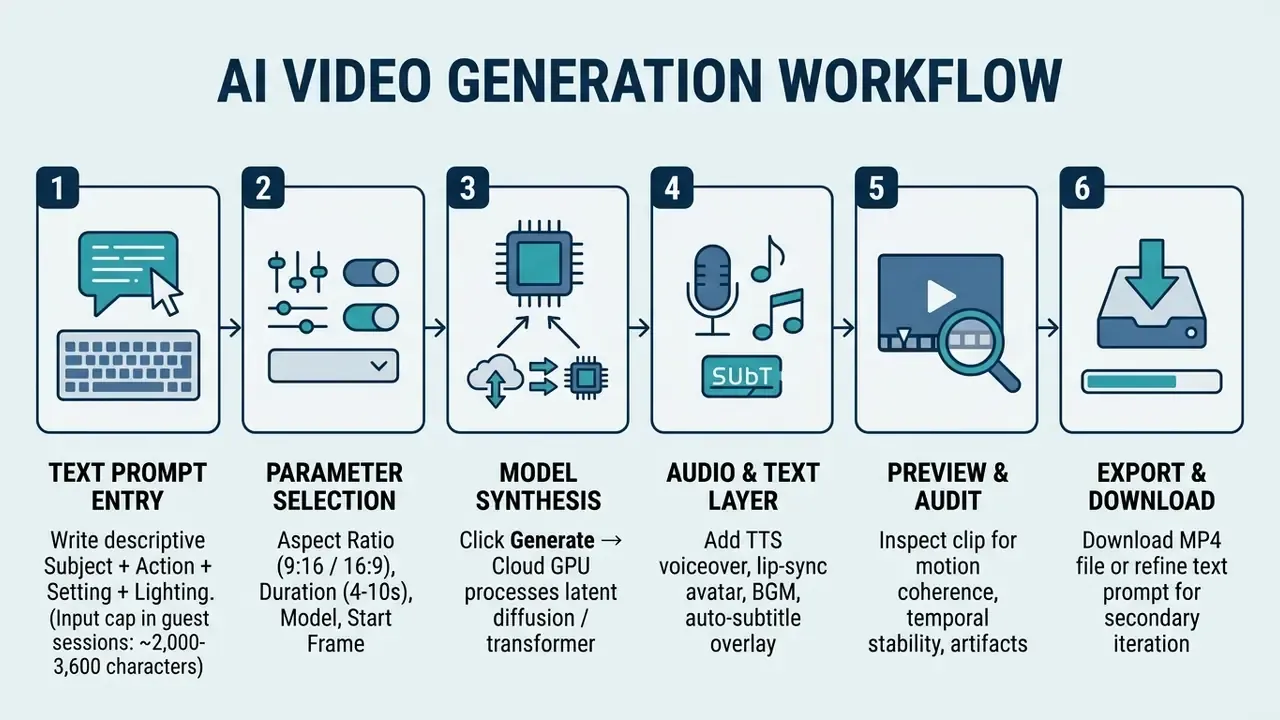 Six sequential steps for AI video generation from text prompt entry to final file download