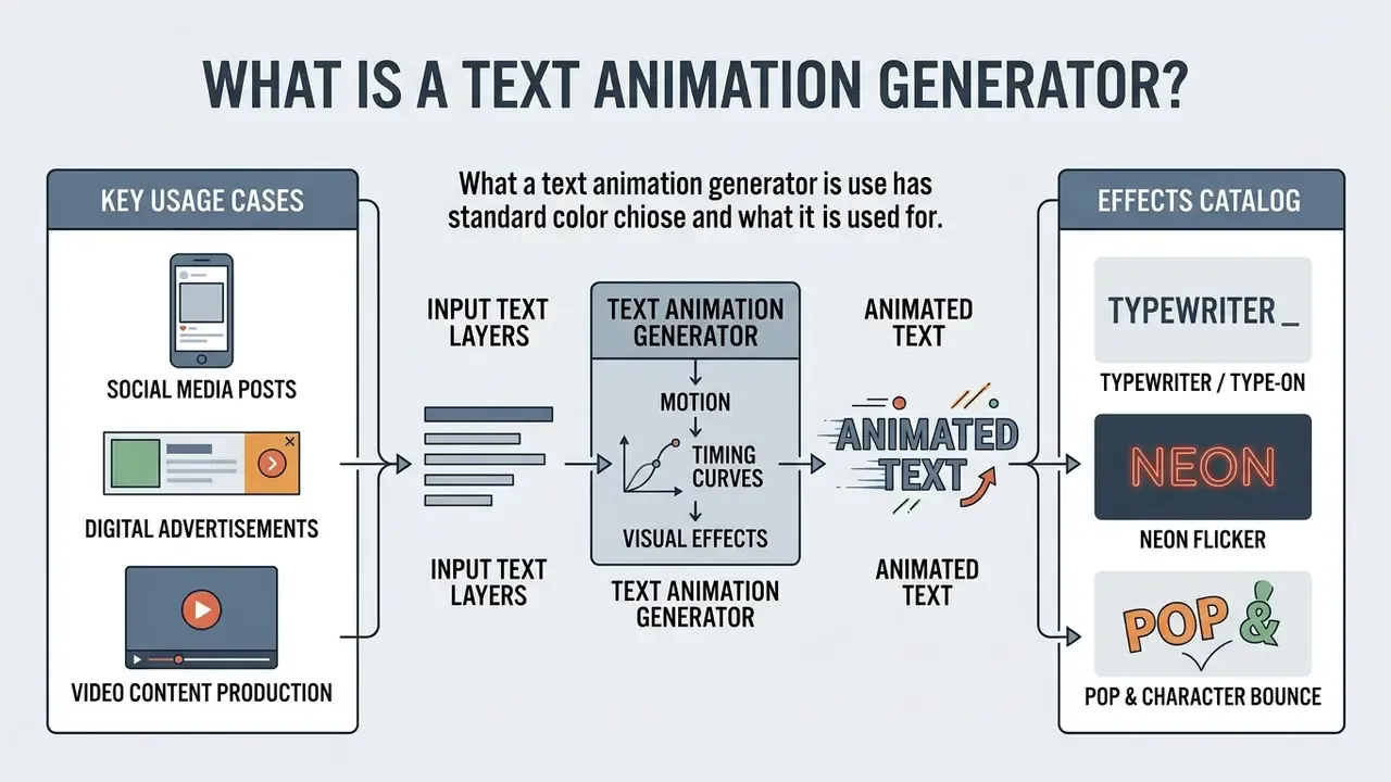 Flowchart showing how a text animation generator transforms input layers into stylized kinetic effects