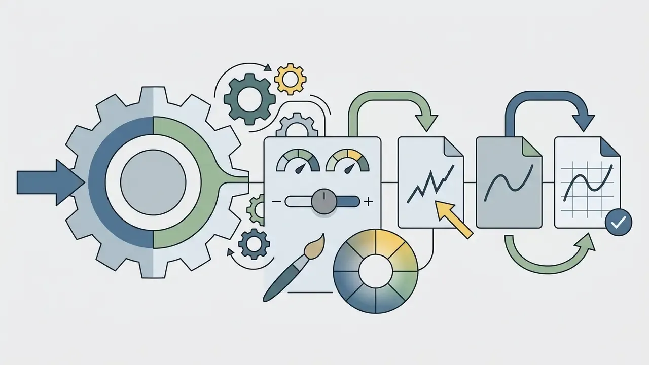 Gears and dials connected to document icons with line graphs and a color wheel for post-processing