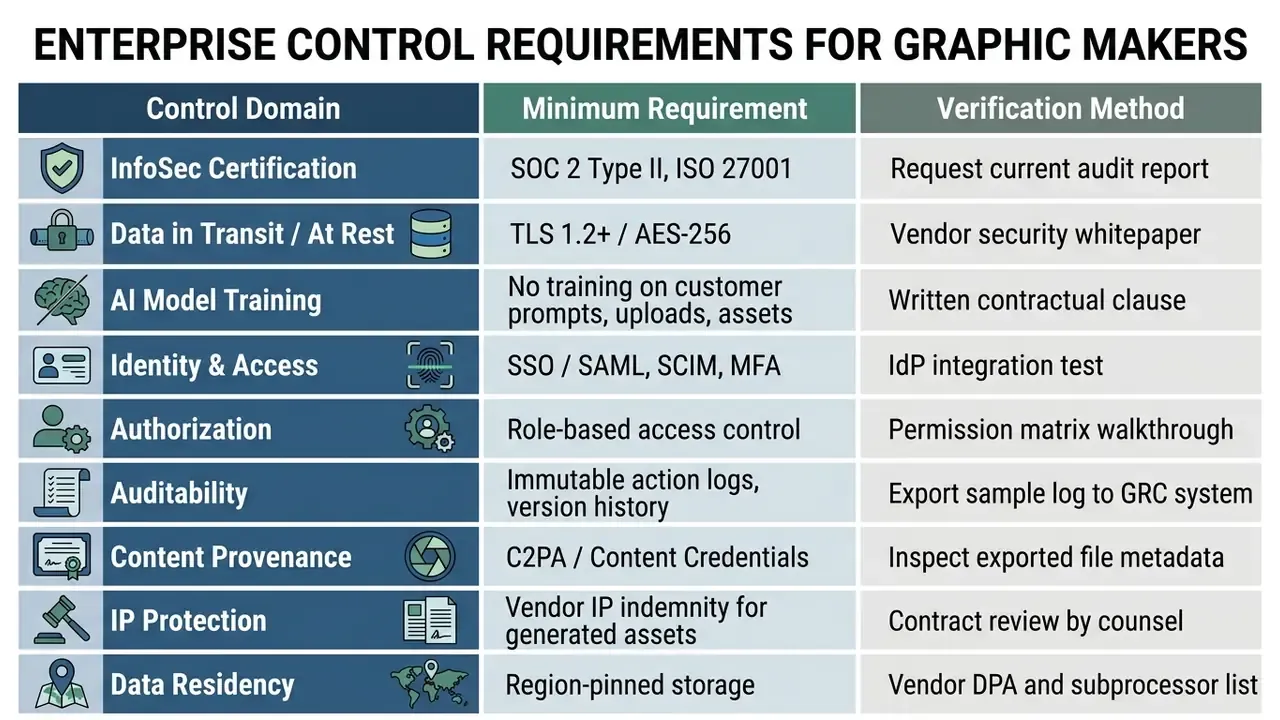 Table outlining enterprise control domains, minimum security requirements, and verification methods