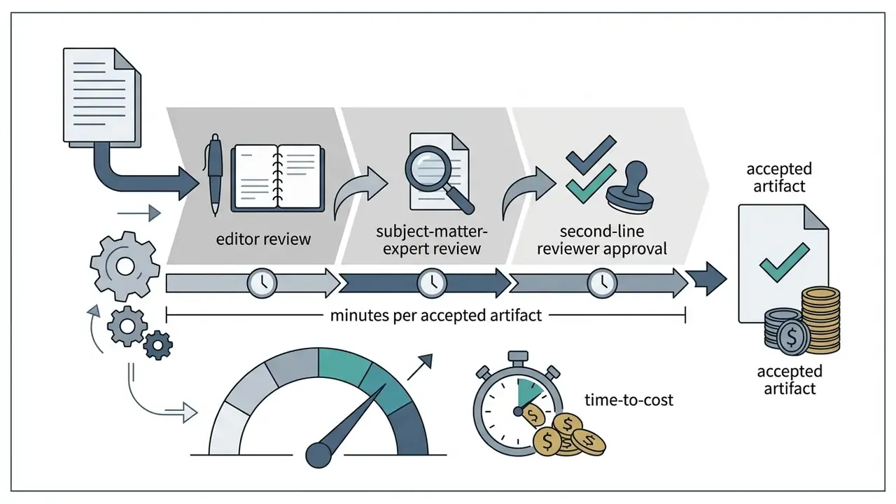 Process flow showing document review stages leading to an accepted artifact with time and cost metrics