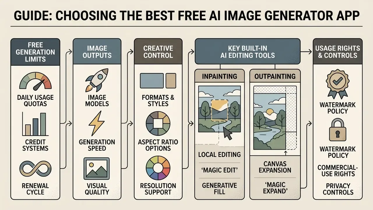 Infographic outlining criteria for evaluating a free AI image generator app including usage limits and tools