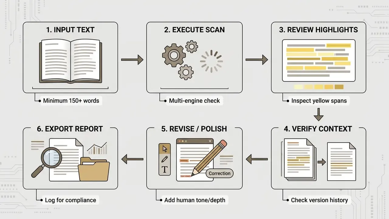 Six sequential steps showing text analysis, scanning, highlighting, verification, revision, and reporting