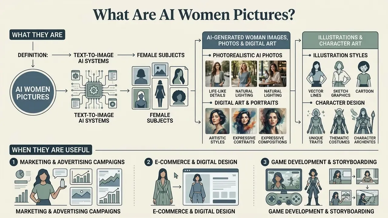 Infographic explaining the creation and uses of AI generated female portraits and digital illustrations