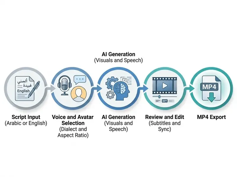 Sequential process diagram showing the steps to create an ai video generator arabic text to video file