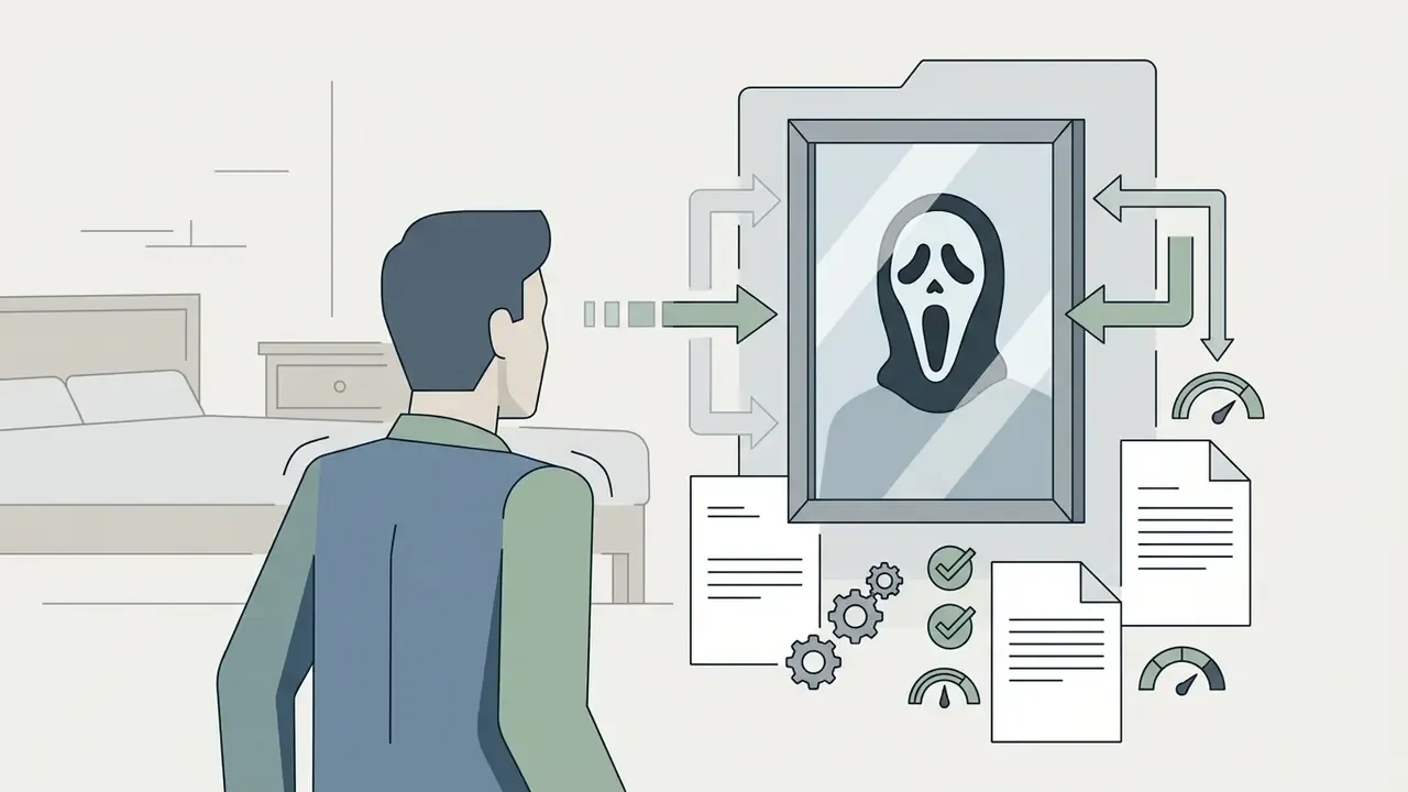 Man looking at a mirror reflection of a hooded figure with data processing icons and speed gauges