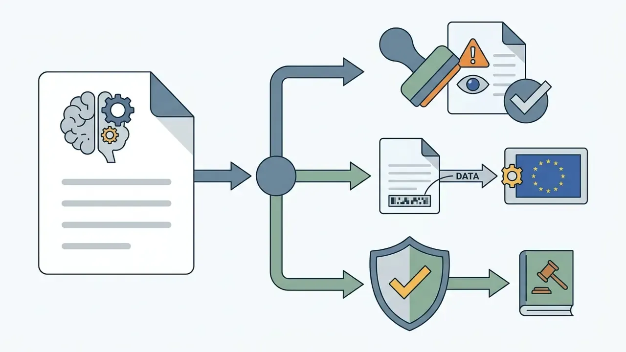 Document with an AI brain icon branching into review, data tagging, and legal compliance workflows