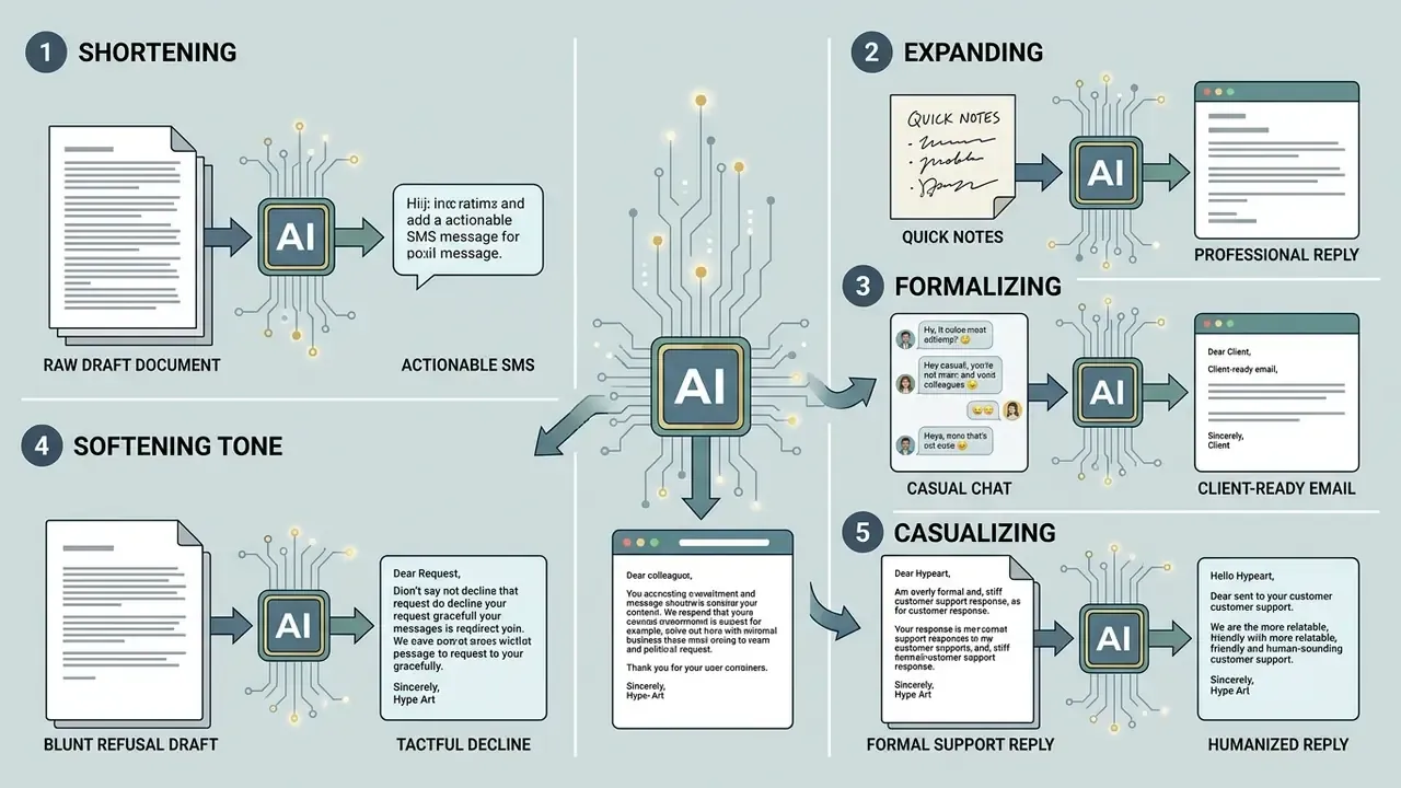 Five distinct workflows showing how AI processes raw text inputs into refined professional communications