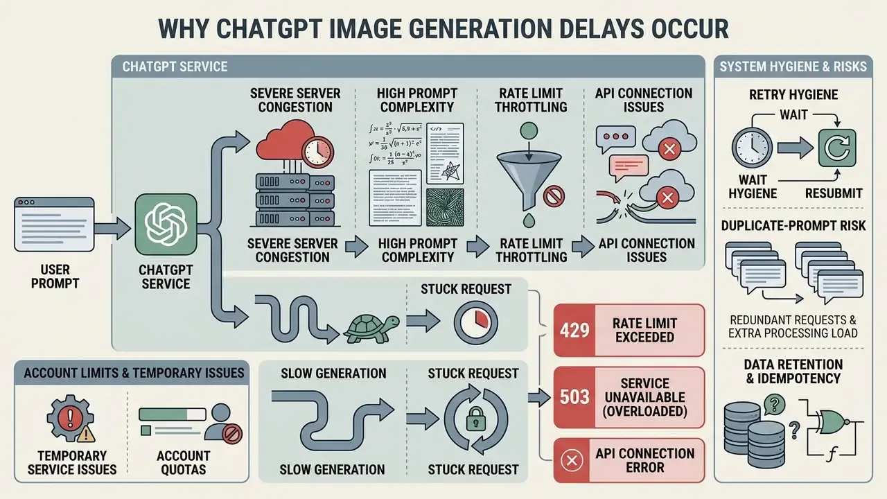 Diagram mapping technical causes like server congestion and rate limits to ChatGPT image generation delays