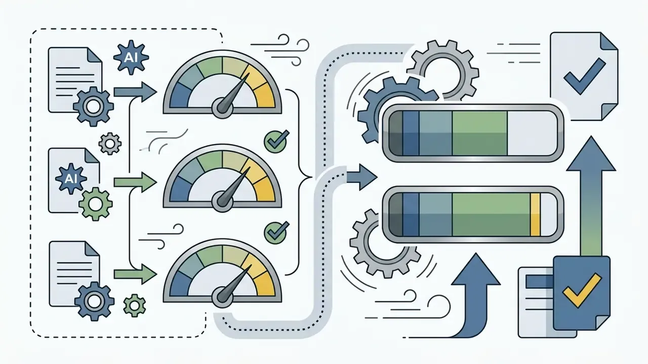 Documents and AI icons feeding into speed gauges and progress bars with gears and checkmark symbols