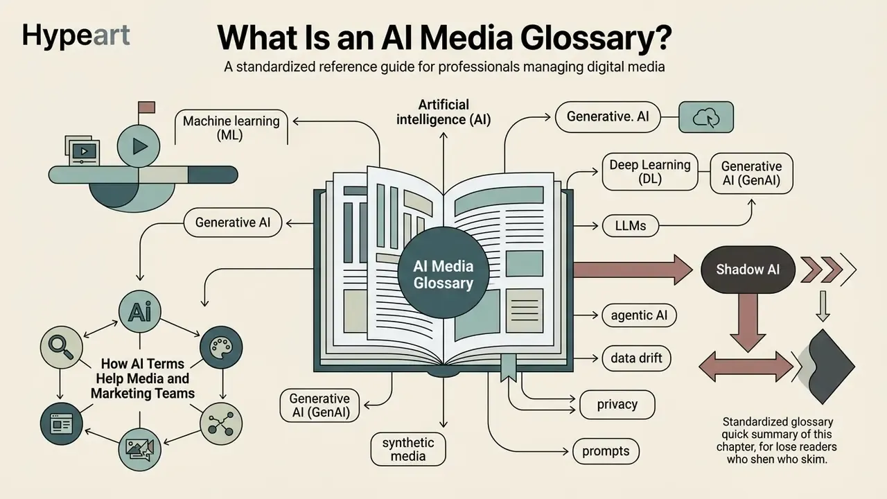 Infographic showing a central open book surrounded by lines connecting to various AI media terminology