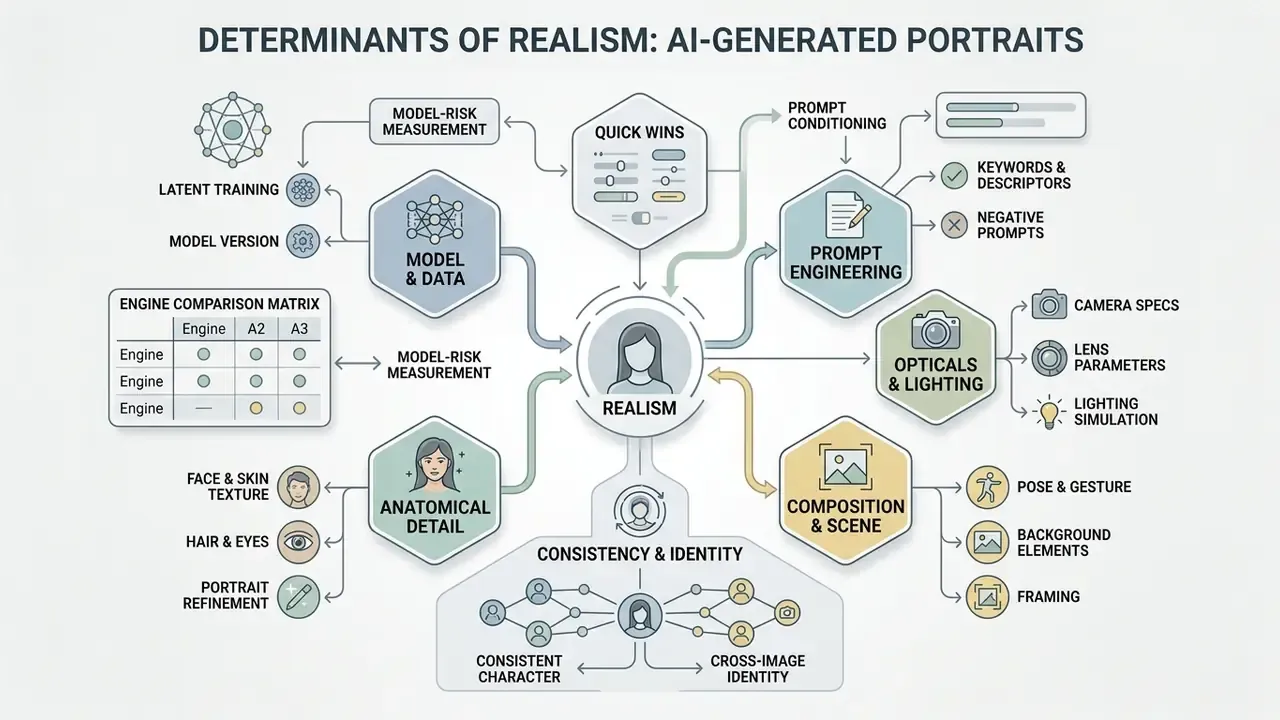 Centralized infographic mapping the technical factors that influence a hyper realistic AI girl portrait