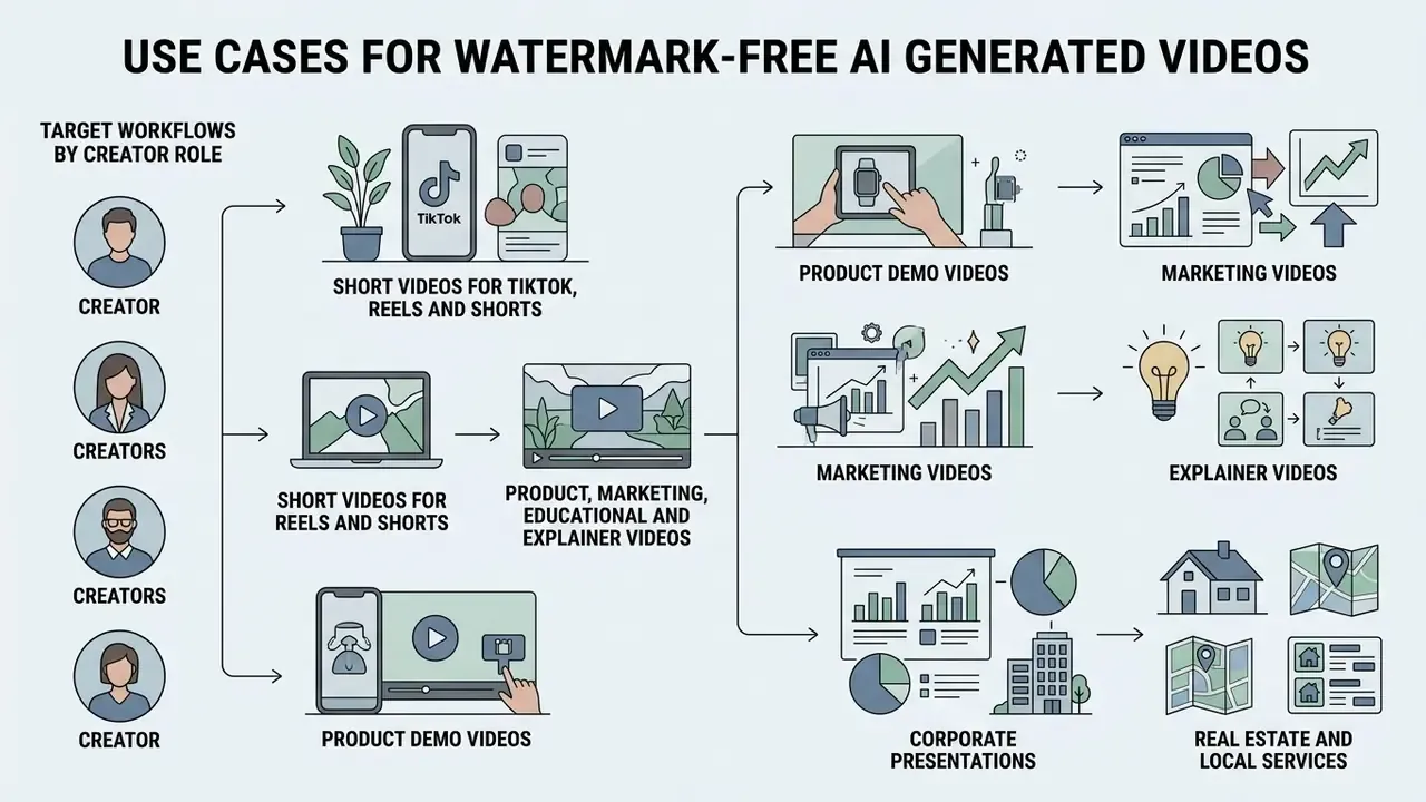 Visual map linking creator roles to various content types like marketing, product demos, and social clips