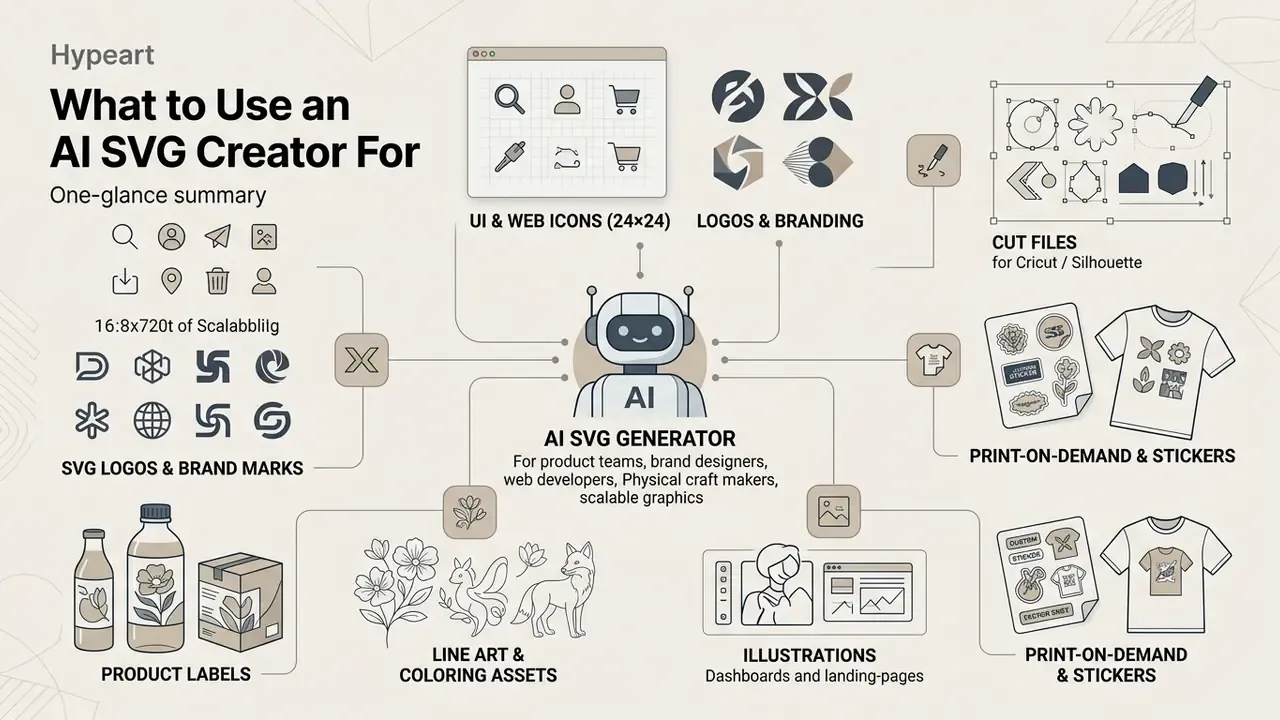 Central robot icon connecting to various use cases like web icons, branding, cut files, and product labels