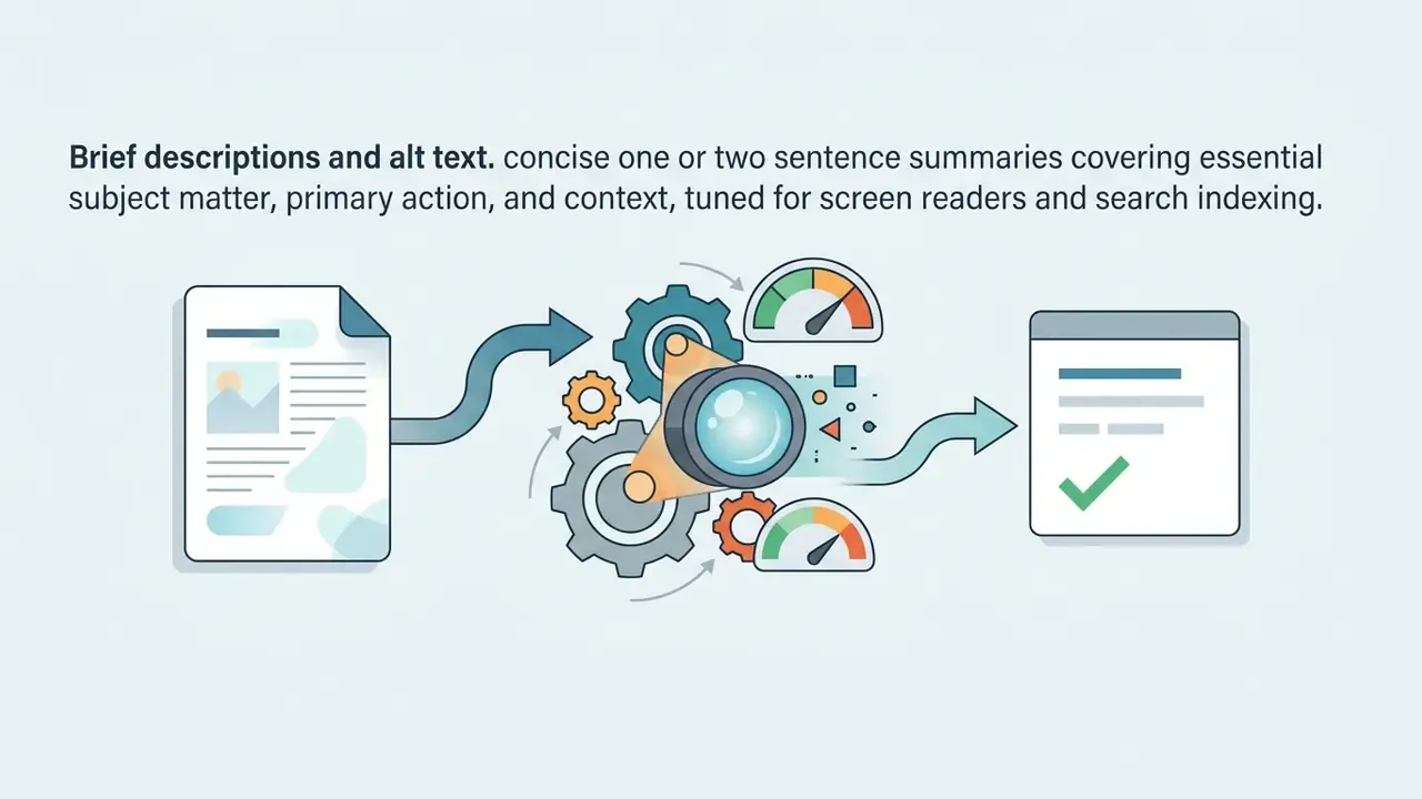 Document being processed by mechanical gears and gauges to produce a verified text summary output