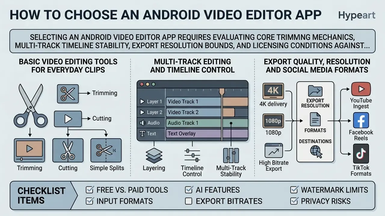 Infographic showing essential features for evaluating an Android video editor app including editing tools and export options