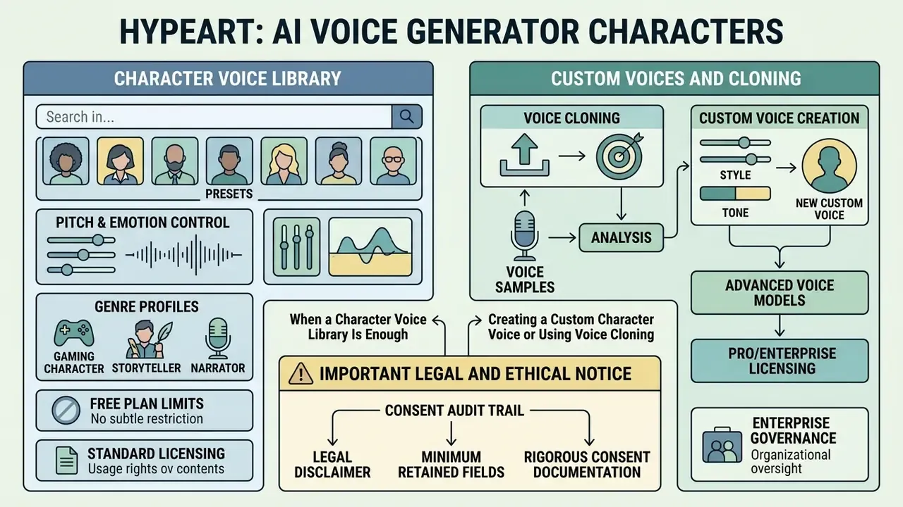 Comparison of AI voice generator characters, custom cloning workflows, and legal compliance requirements