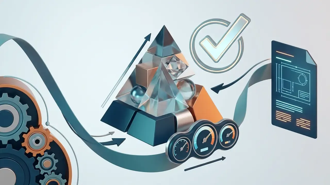 Geometric shapes and gears connected to a document icon with a checkmark and performance gauges
