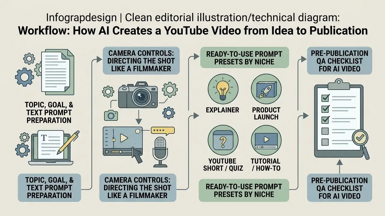 Sequential process diagram illustrating prompt preparation, camera controls, niche presets, and QA checks