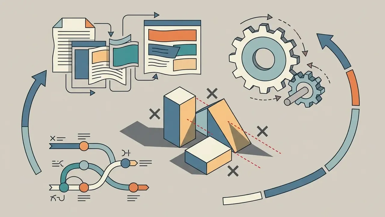 Geometric shapes with inconsistent shadows surrounded by document icons and mechanical gears in a cycle