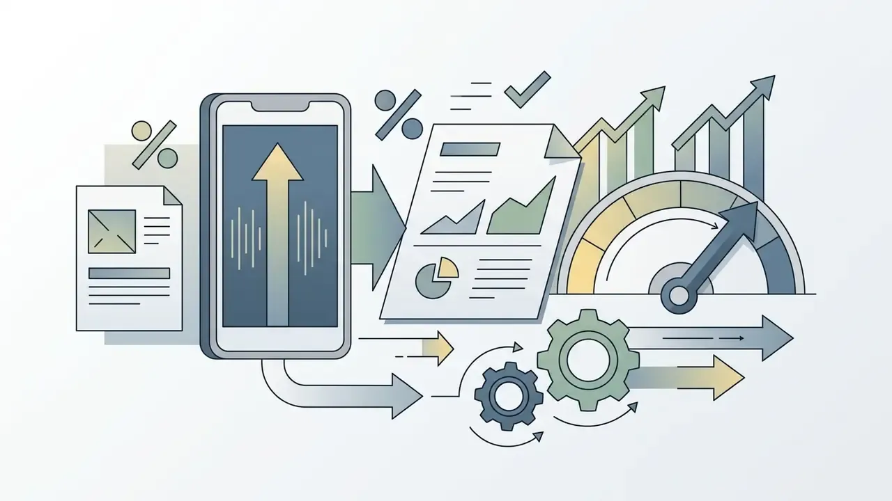 Smartphone screen with upward arrow and data reports showing growth trends with gauges and mechanical gears