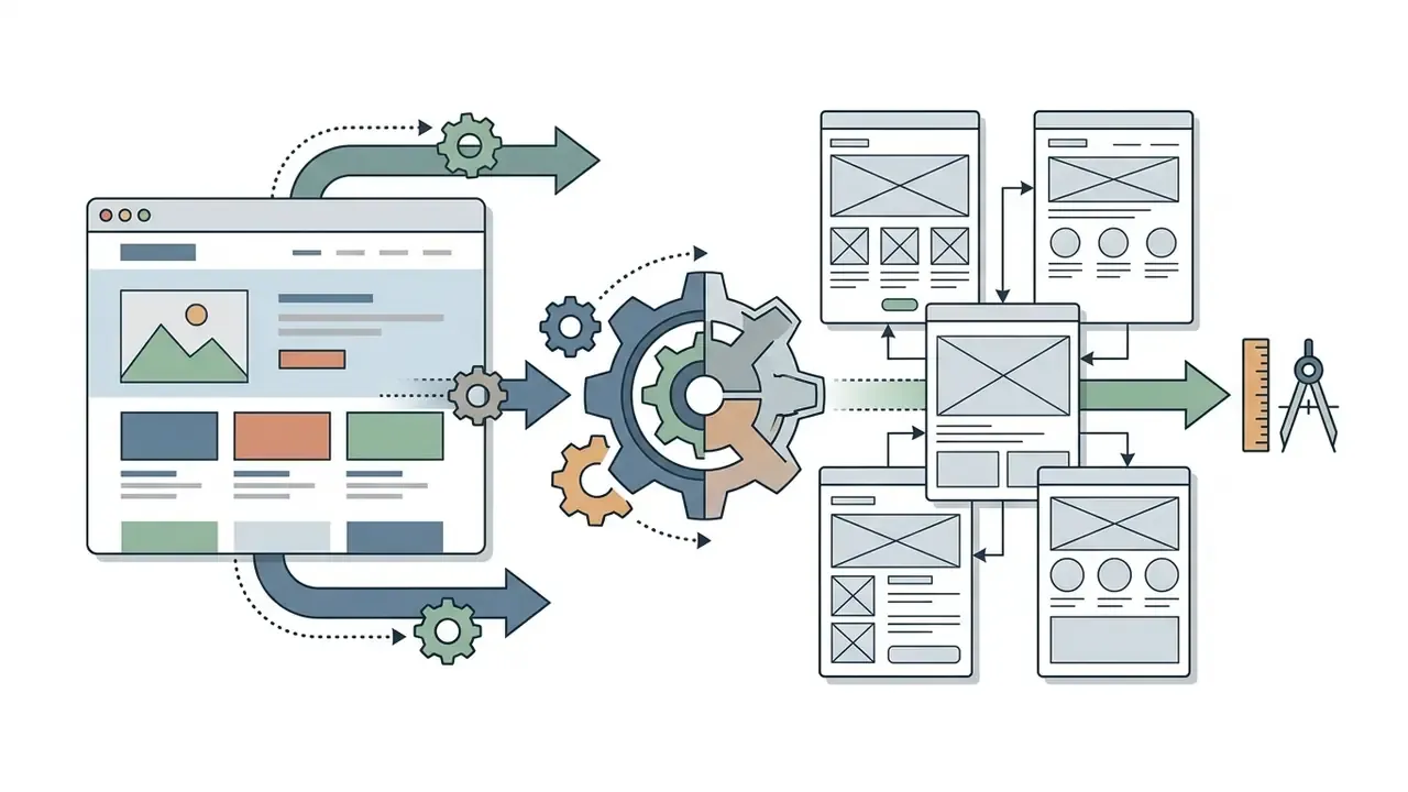 Live website being processed through gears into a collection of editable vector wireframe layouts