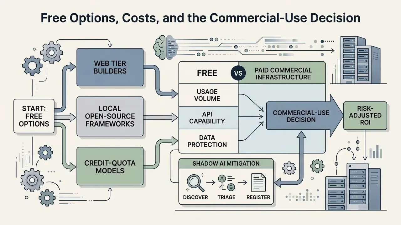 Infographic mapping free AI tools against commercial infrastructure and risk-adjusted ROI considerations