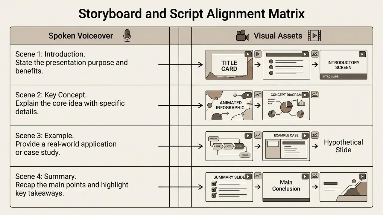 Two-column grid mapping spoken voiceover script lines to corresponding visual slide assets by scene