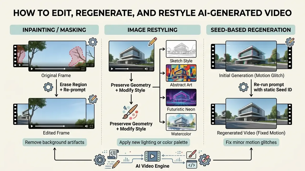 Three-part guide showing methods for inpainting, restyling, and seed-based regeneration of video frames