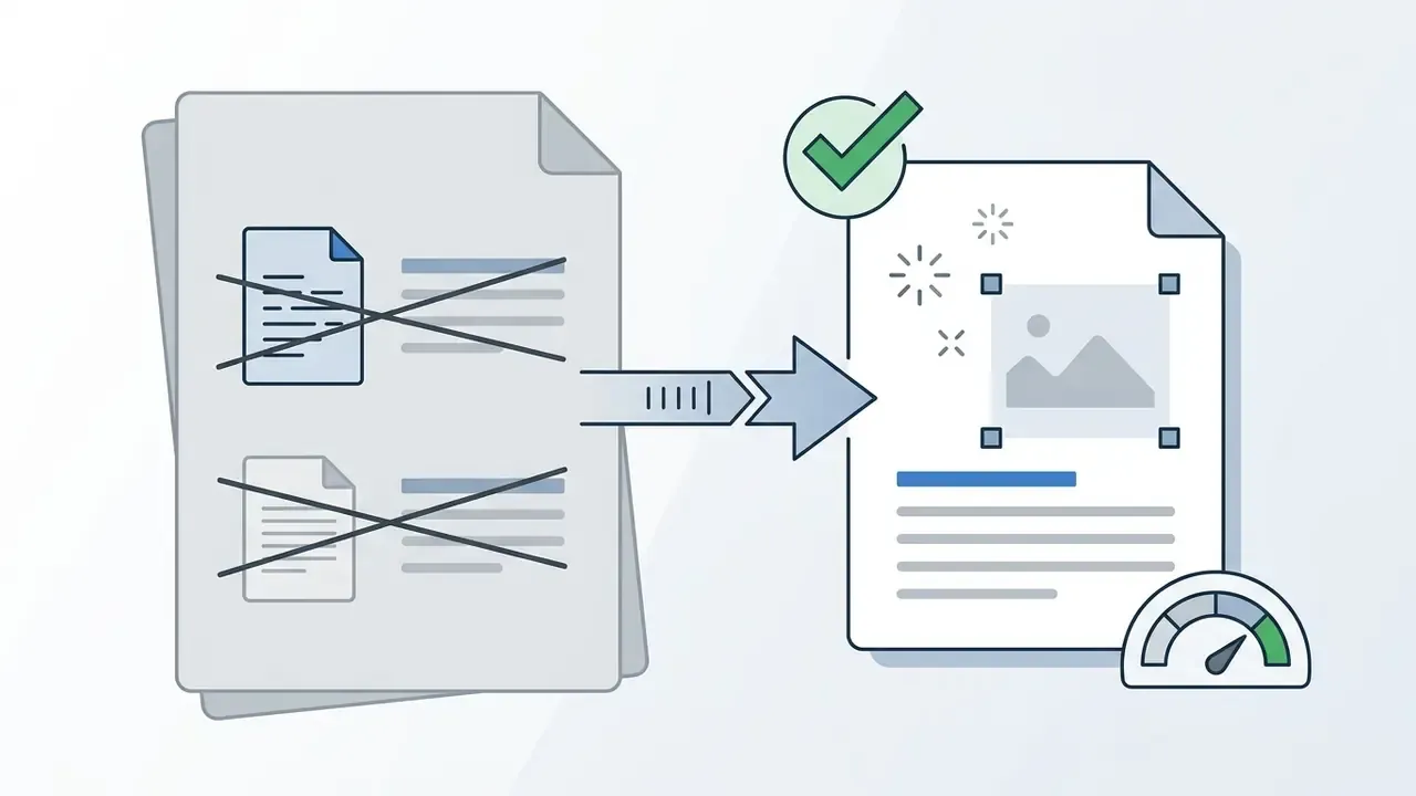 Crossed out text on a page moving through an arrow to a new page with an image and a speed gauge