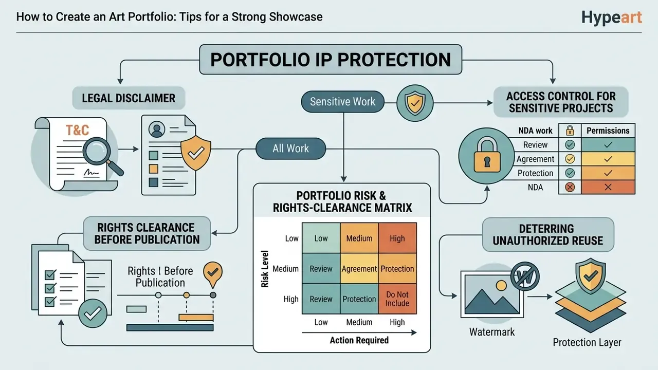 Flowchart outlining legal disclaimers, rights clearance, access control, and risk management for art portfolios