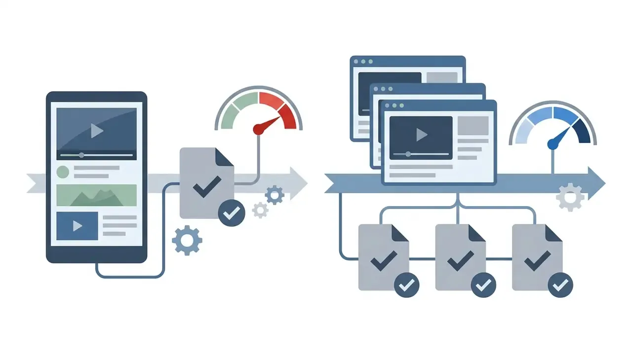 Comparison of single versus multiple video file exports with speed gauges and status checkmarks