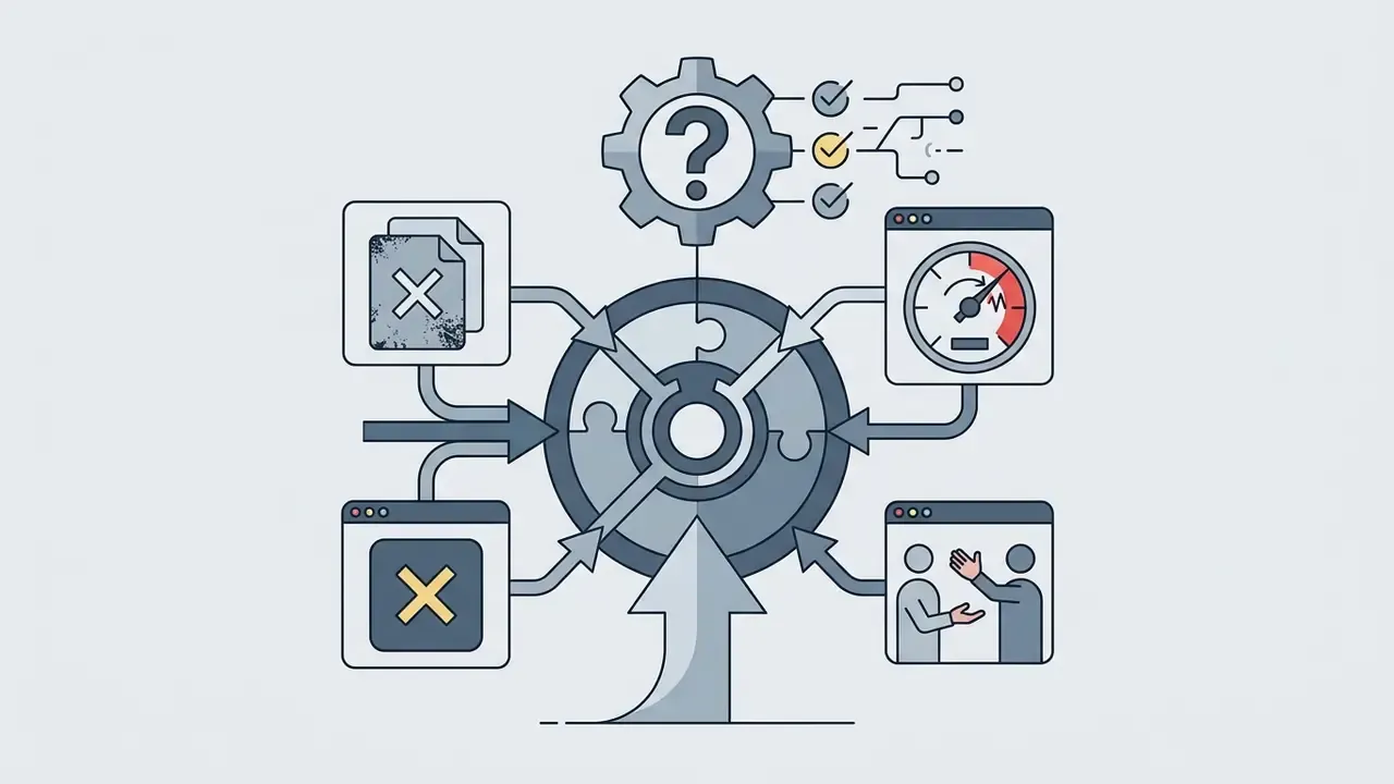 Icons for file errors, performance gauges, and support chat converging into a circular puzzle hub