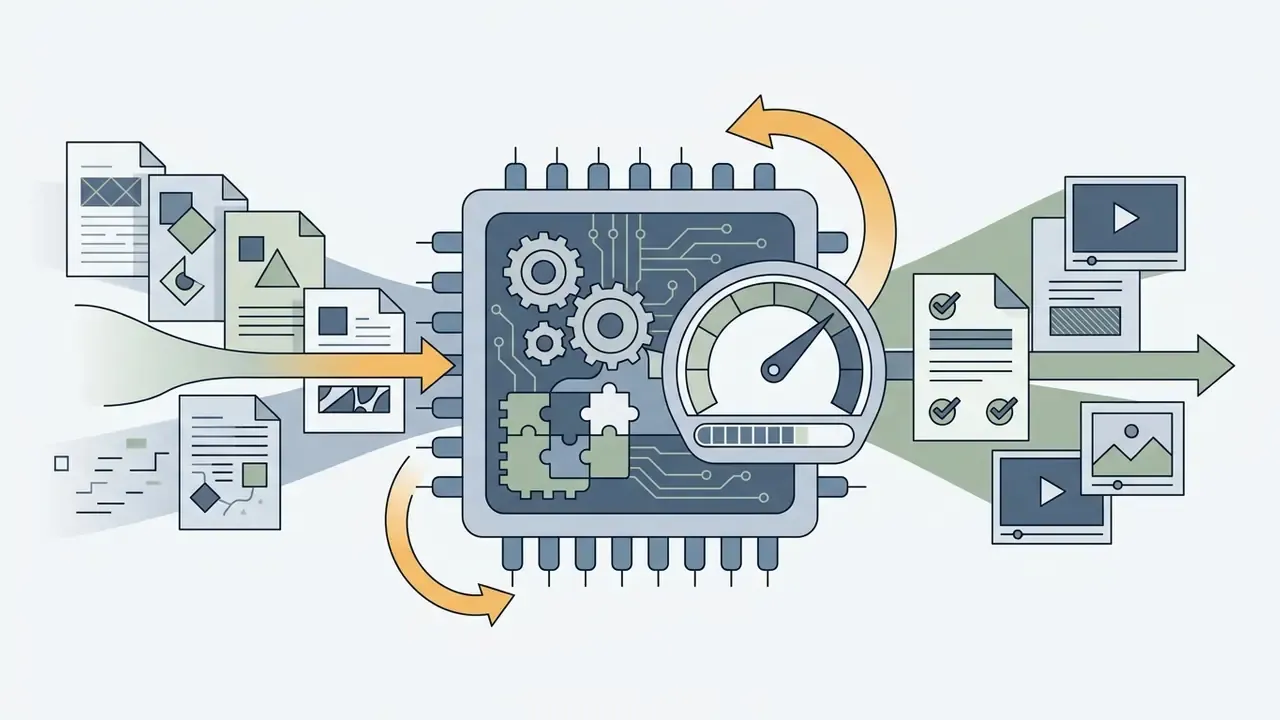Documents flowing into a central processor with gears and a speedometer to output video files
