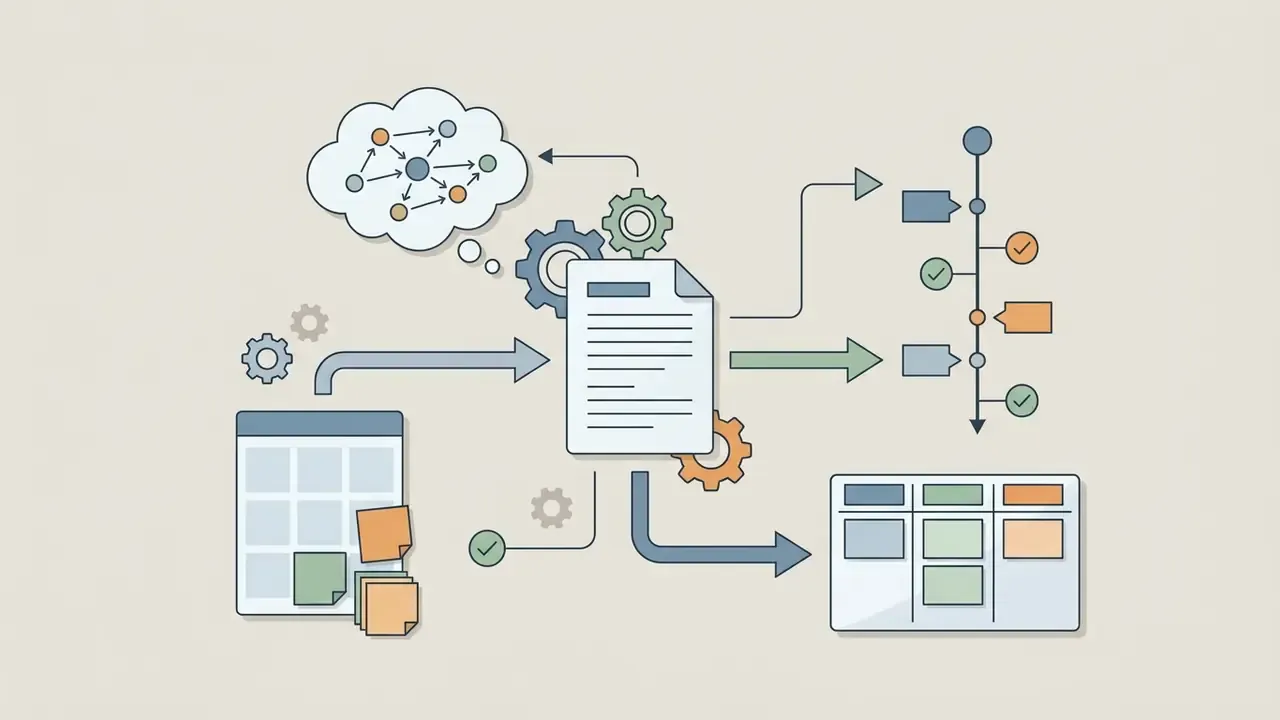Document being processed by gears into a timeline, project board, and conceptual cloud network