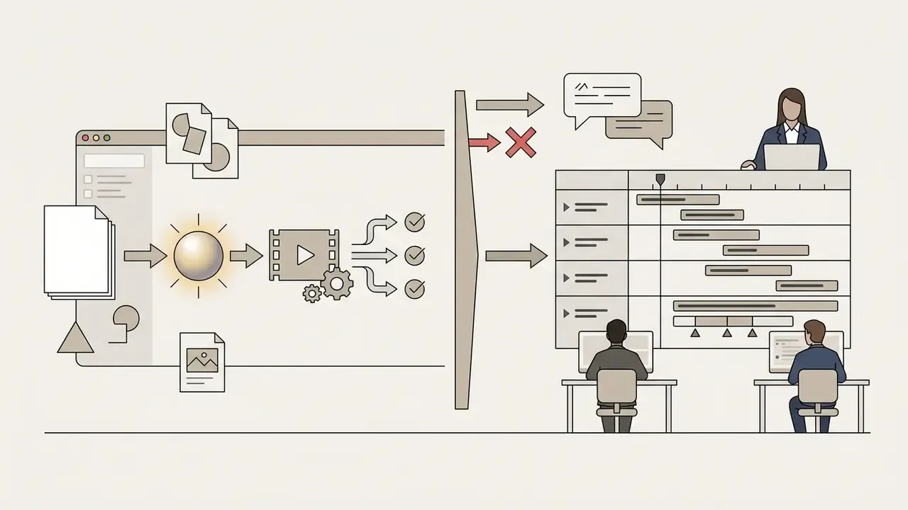 Automated processing pipeline transitioning into a manual video timeline editing interface with human oversight