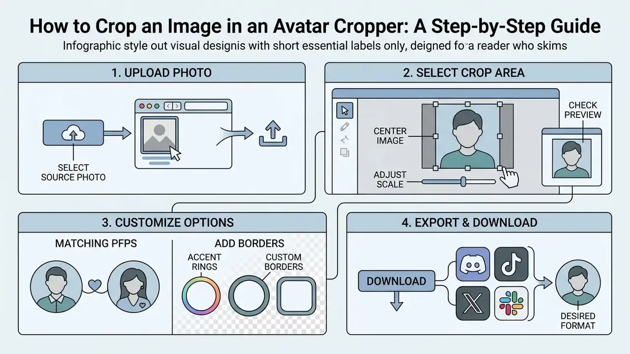 Four step workflow showing how to upload, crop, customize, and download profile images
