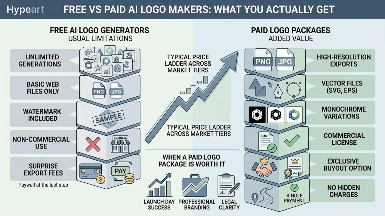 Side by side comparison of features and limitations between free and paid AI logo generator tiers