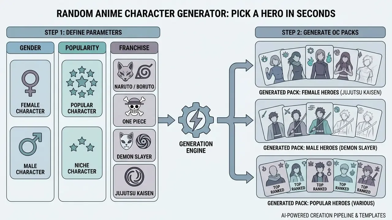 Diagram showing input filters for gender and franchise feeding into a generation engine for anime character packs