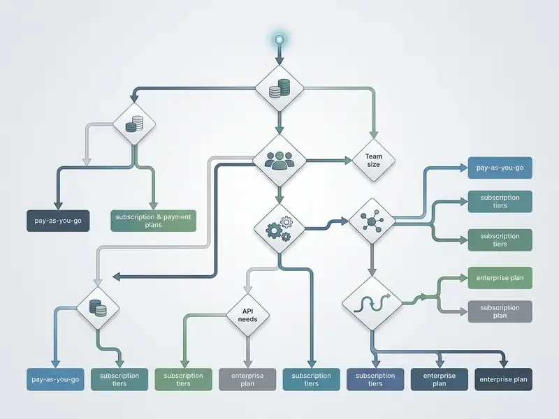 Decision tree flowchart mapping volume, team size, and API needs to various AI video pricing models