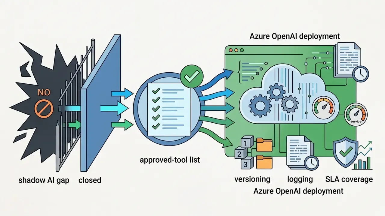 Arrows directing traffic from a closed shadow AI gap through an approved tool list to Azure OpenAI deployments