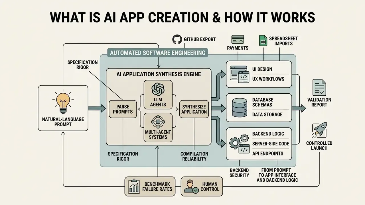 Flowchart showing how natural language prompts are processed by AI agents to synthesize software applications