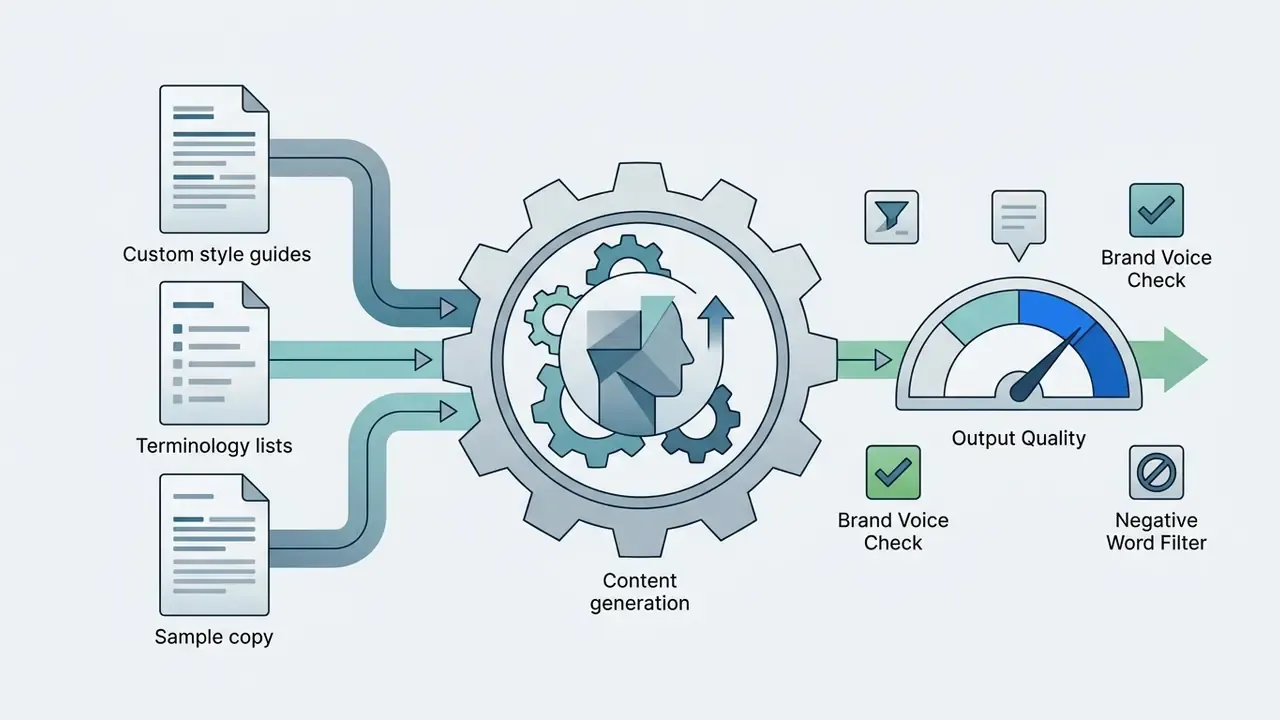 Style guides and terminology lists feeding into a gear mechanism that outputs to a quality gauge