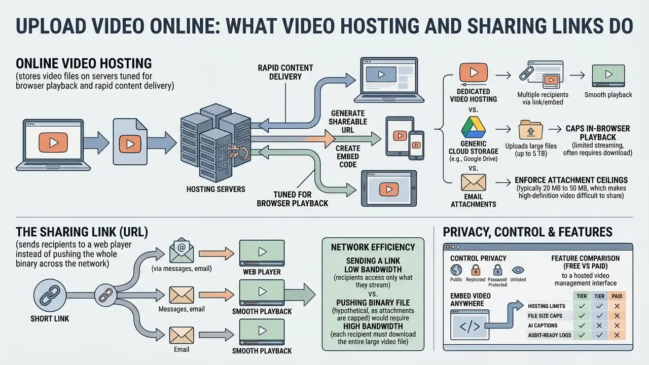Diagram showing how video hosting servers enable efficient streaming through shareable links and web players