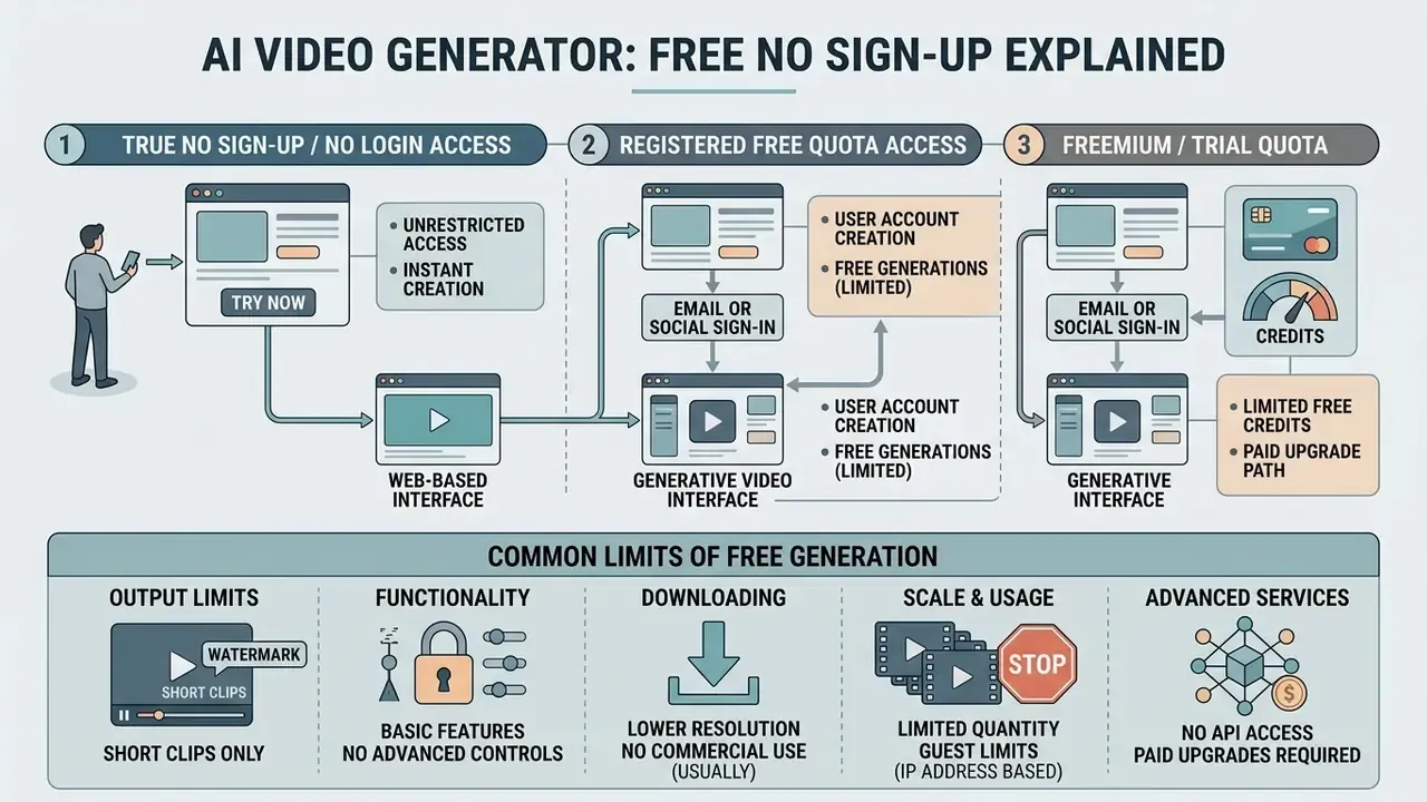 Infographic comparing access models for AI video generators and outlining common usage limitations