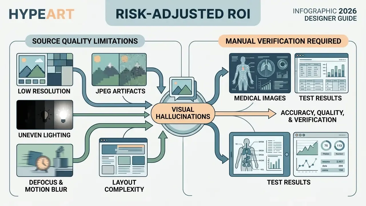 Flowchart showing how poor source image quality leads to visual hallucinations requiring manual verification