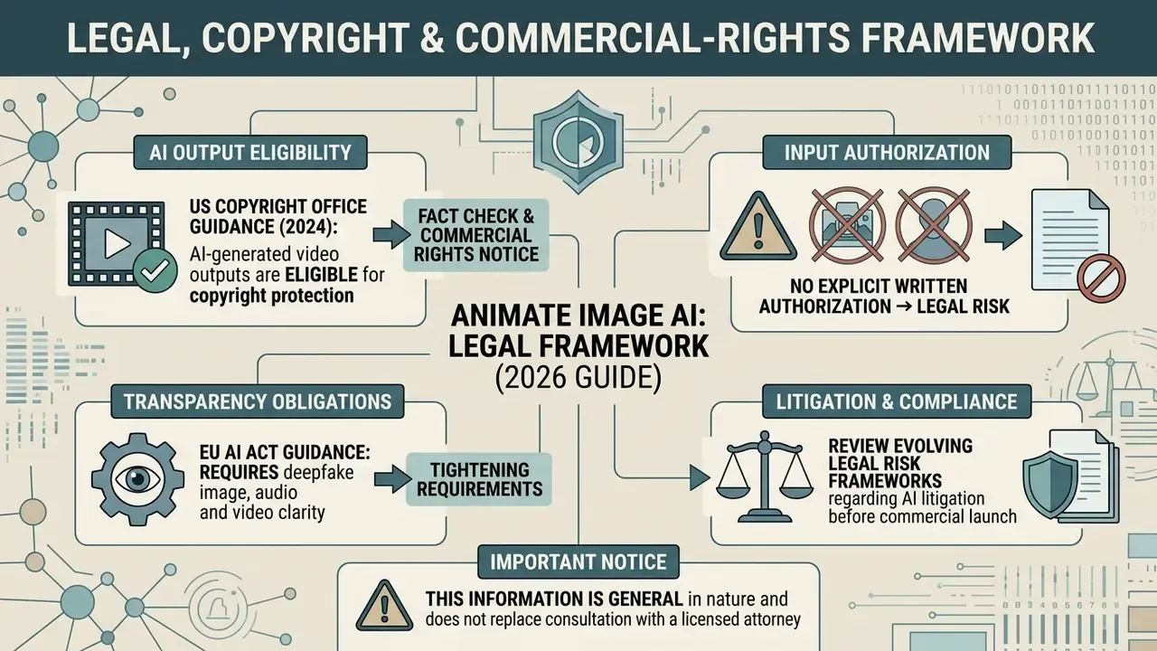Visual guide outlining copyright eligibility, input authorization, transparency, and legal compliance