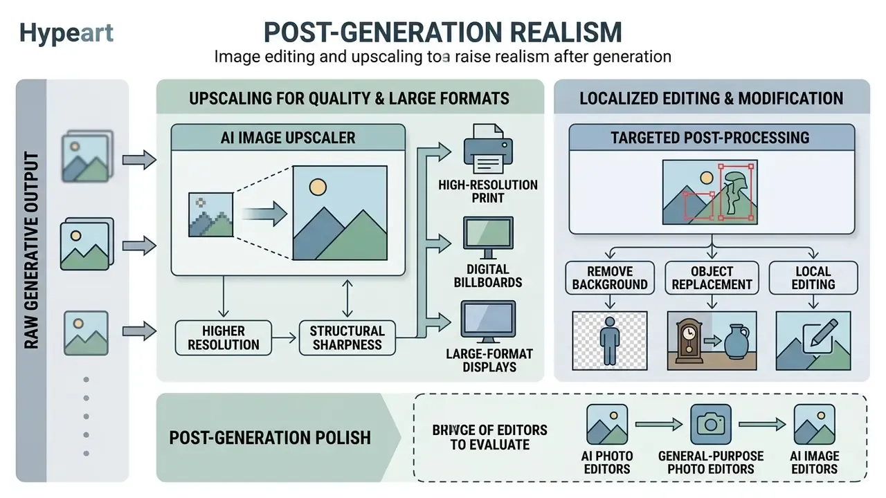 Diagram showing upscaling and localized editing steps to enhance raw generative image output
