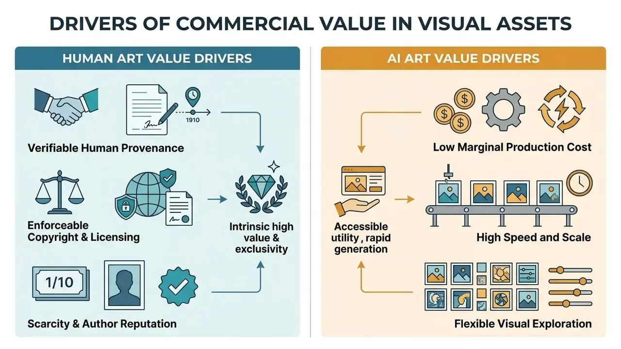 Side-by-side comparison of factors influencing the commercial value of human art versus AI art