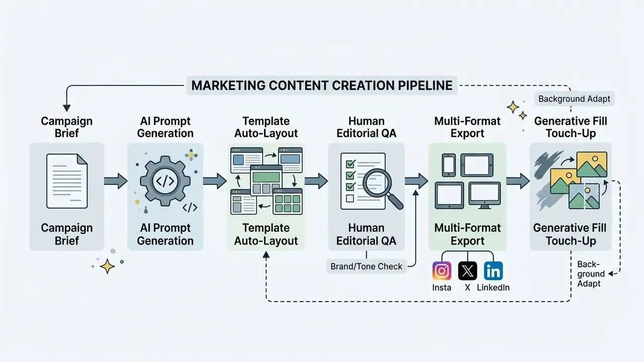 Flowchart illustrating a marketing content creation pipeline from campaign brief to generative AI editing